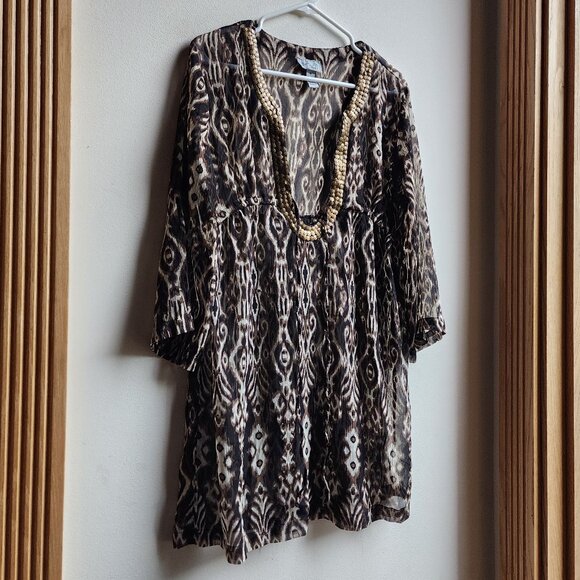 Bali Club Brown/Cream Native Tropical Print Tunic Size Medium - Picture 3 of 14